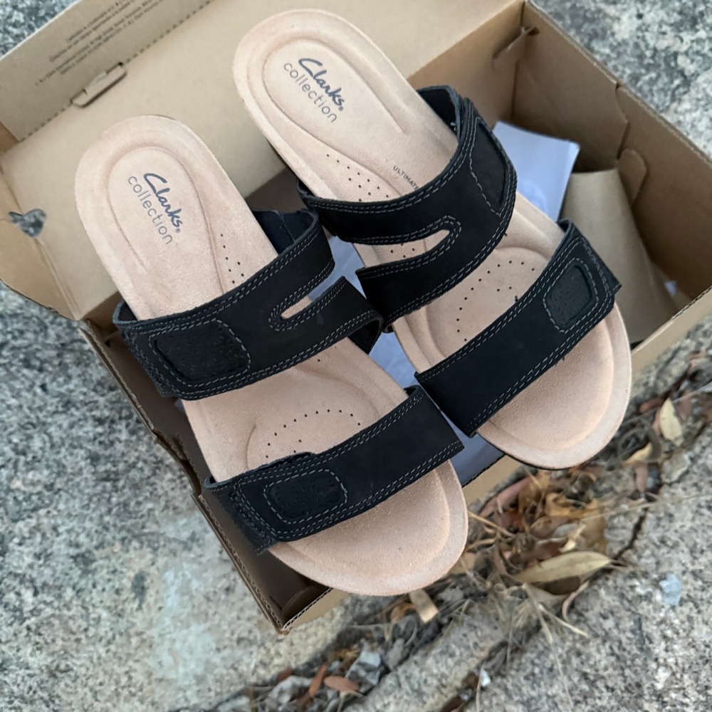 Clarks Calenne Maye Slide Sandals Women 10 wide Black Comfort Wedge NEW